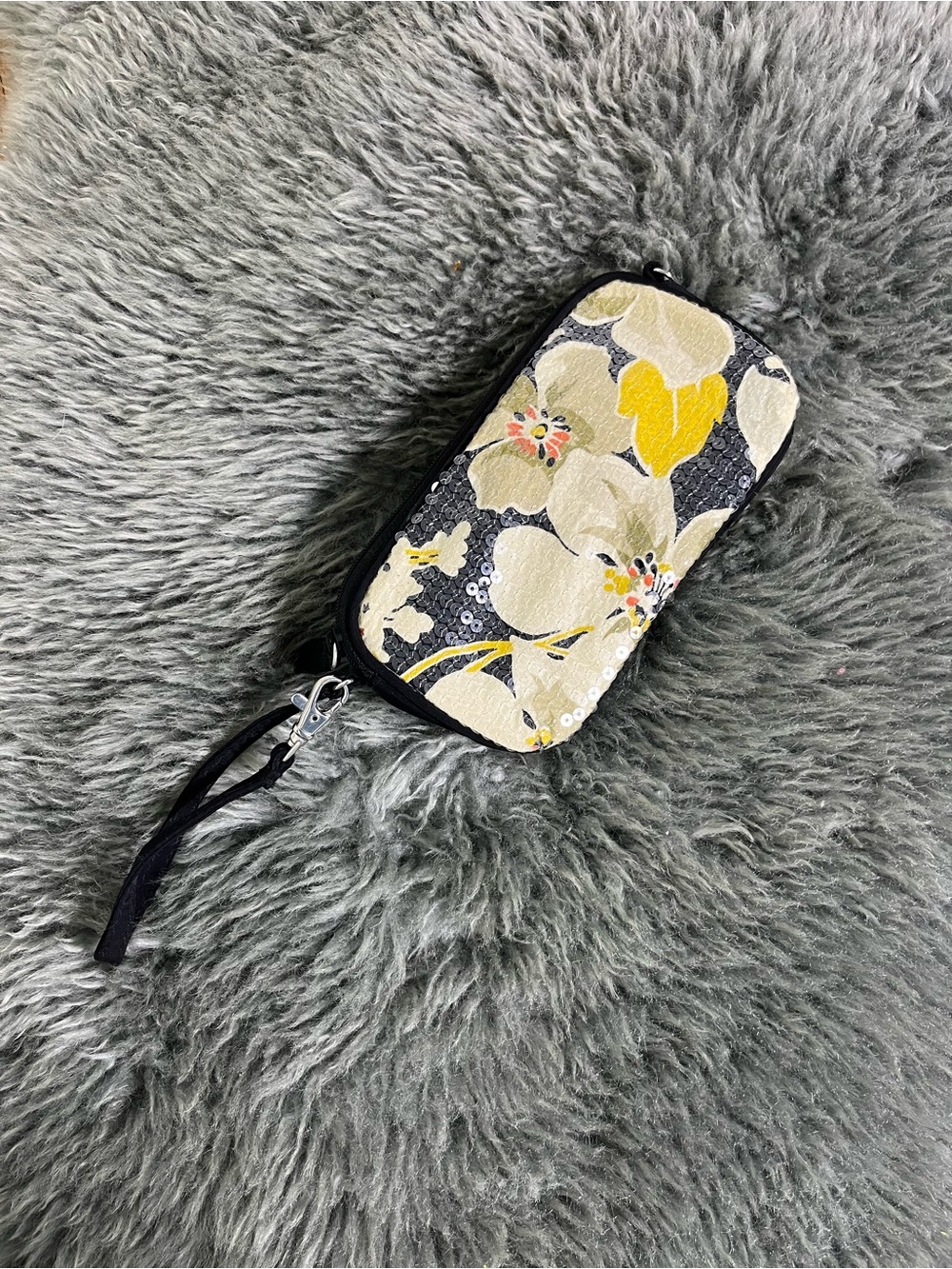 Vera Bradley Black and Yellow Floral Sequin Wristlet